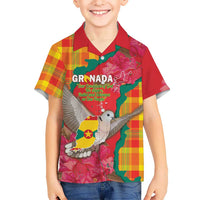 Grenada Independence Day Personalized Family Matching Long Sleeve Bodycon Dress and Hawaiian Shirt Tropical Dove Bougainvillea Madras Pattern