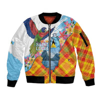 Saint Lucia Independence Day Sleeve Zip Bomber Jacket Saint Lucian Map Pitons Madras Pattern