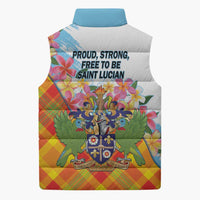 Saint Lucia Independence Day Sleeveless Puffer Jacket Saint Lucian Map Pitons Madras Pattern