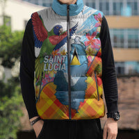 Saint Lucia Independence Day Sleeveless Puffer Jacket Saint Lucian Map Pitons Madras Pattern
