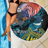 Personalised United States And New Zealand Beach Blanket USA Eagle With Kowhai Aotearoa Tui Bird - Wonder Print Shop