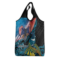 Personalised United States And New Zealand Grocery Bag USA Eagle With Kowhai Aotearoa Tui Bird