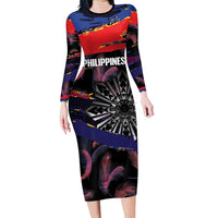 Personalised Philippines Sun Tattoo Long Sleeve Bodycon Dress Feathers Filipinas Grunge Style Black