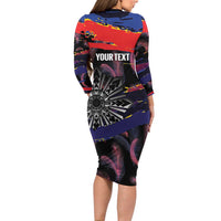 Personalised Philippines Sun Tattoo Long Sleeve Bodycon Dress Feathers Filipinas Grunge Style Black