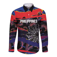 Personalised Philippines Sun Tattoo Long Sleeve Button Shirt Feathers Filipinas Grunge Style Black