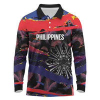 Personalised Philippines Sun Tattoo Long Sleeve Polo Shirt Feathers Filipinas Grunge Style Black