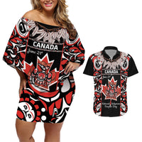 Red off-shoulder short dress and matching short-sleeve button shirt with graphic pattern