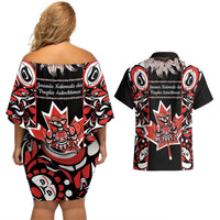 Off-shoulder short dress back and matching shirt back with red black white tribal graphics