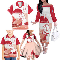 Kalaallit Nunaat Greenland Family Matching Off The Shoulder Long Sleeve Dress and Hawaiian Shirt Coat Of Arms Flag Style