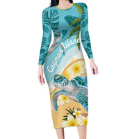 Cayman Islands Long Sleeve Bodycon Dress Sea Turtle Plumeria Tropical Vibes