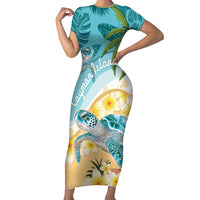 Cayman Islands Short Sleeve Bodycon Dress Sea Turtle Plumeria Tropical Vibes