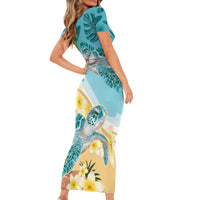 Cayman Islands Short Sleeve Bodycon Dress Sea Turtle Plumeria Tropical Vibes