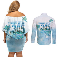 Cayman Islands 345 Couples Matching Off Shoulder Short Dress and Long Sleeve Button Shirt Sea Turtle Watercolor Style