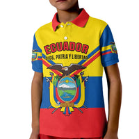 Kids polo shirt with red collar, yellow/blue/red panels and Ecuador coat of arms front