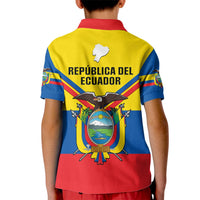 Kids polo shirt back, red collar, yellow/blue/red panels with crest and 'REPUBLICA DEL ECUADOR'