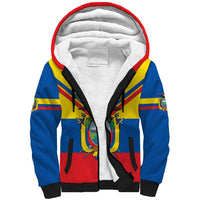 Unisex sherpa hoodie with multicolor crest, red hood lining, blue yellow red stripes