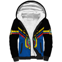 Black sherpa-lined zip hoodie with blue crest front and striped flag sleeves