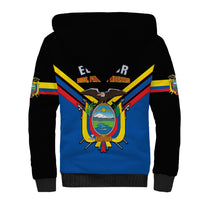Black and blue sherpa hoodie with large crest graphic on back and hood