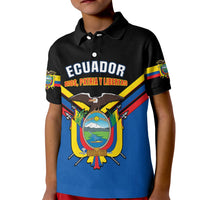 Kids black polo shirt with Ecuador crest graphic and multicolor banner on chest