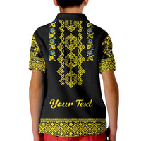 Kids black polo shirt with yellow-green folk pattern and 'Your Text' on back