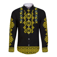 Personalised Ukraine Long Sleeve Button Shirt Black Ukrainian Folk Pattern - Wonder Print Shop