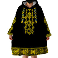 Personalised Ukraine Wearable Blanket Hoodie Black Ukrainian Folk Pattern - Wonder Print Shop