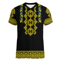 Women's black V-neck T-shirt with yellow, blue Ukrainian folk pattern on front