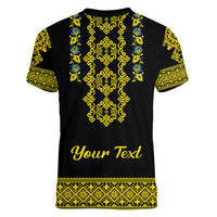 Women's black V-neck T-shirt with back Ukrainian folk pattern and 'Your Text'