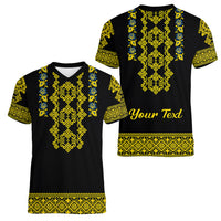 Women's black V-neck T-shirt with Ukrainian folk pattern, front and back shown