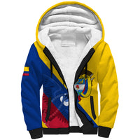Yellow sherpa zip hoodie with blue and red shield print, white-lined hood