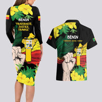 Benin National Day Couples Matching Long Sleeve Bodycon Dress and Hawaiian Shirt Happy 64th Independence Anniversary Yellow Allamanda - Wonder Print Shop