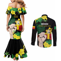 Benin National Day Couples Matching Mermaid Dress and Long Sleeve Button Shirt Happy 64th Independence Anniversary Yellow Allamanda