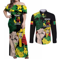 Benin National Day Couples Matching Off Shoulder Maxi Dress and Long Sleeve Button Shirt Happy 64th Independence Anniversary Yellow Allamanda - Wonder Print Shop