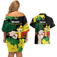 Benin National Day Couples Matching Off Shoulder Short Dress and Hawaiian Shirt Happy 64th Independence Anniversary Yellow Allamanda - Wonder Print Shop