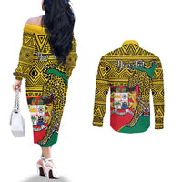 Personalised Benin National Day Couples Matching Off The Shoulder Long Sleeve Dress and Long Sleeve Button Shirt Coat Of Arms With Leopard African Pattern