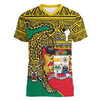 Personalised Benin National Day Women V-Neck T-Shirt Coat Of Arms With Leopard African Pattern - Wonder Print Shop