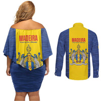 Maderia Day Couples Matching Off Shoulder Short Dress and Long Sleeve Button Shirt Pearl of the Atlantic Flag Style - Wonder Print Shop