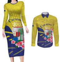 Curacao Flag Day Couples Matching Long Sleeve Bodycon Dress and Long Sleeve Button Shirt Felis Dia di Bandera Pink Plumeria - Wonder Print Shop
