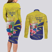 Curacao Flag Day Couples Matching Long Sleeve Bodycon Dress and Long Sleeve Button Shirt Felis Dia di Bandera Pink Plumeria - Wonder Print Shop