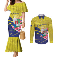 Curacao Flag Day Couples Matching Mermaid Dress and Long Sleeve Button Shirt Felis Dia di Bandera Pink Plumeria - Wonder Print Shop