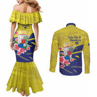Curacao Flag Day Couples Matching Mermaid Dress and Long Sleeve Button Shirt Felis Dia di Bandera Pink Plumeria - Wonder Print Shop