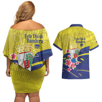 Curacao Flag Day Couples Matching Off Shoulder Short Dress and Hawaiian Shirt Felis Dia di Bandera Pink Plumeria - Wonder Print Shop