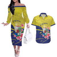 Curacao Flag Day Couples Matching Off The Shoulder Long Sleeve Dress and Hawaiian Shirt Felis Dia di Bandera Pink Plumeria - Wonder Print Shop