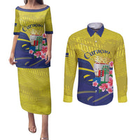 Curacao Flag Day Couples Matching Puletasi and Long Sleeve Button Shirt Felis Dia di Bandera Pink Plumeria - Wonder Print Shop