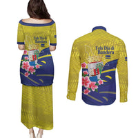 Curacao Flag Day Couples Matching Puletasi and Long Sleeve Button Shirt Felis Dia di Bandera Pink Plumeria - Wonder Print Shop