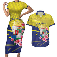 Curacao Flag Day Couples Matching Short Sleeve Bodycon Dress and Hawaiian Shirt Felis Dia di Bandera Pink Plumeria - Wonder Print Shop