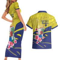 Curacao Flag Day Couples Matching Short Sleeve Bodycon Dress and Hawaiian Shirt Felis Dia di Bandera Pink Plumeria - Wonder Print Shop
