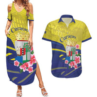 Curacao Flag Day Couples Matching Summer Maxi Dress and Hawaiian Shirt Felis Dia di Bandera Pink Plumeria - Wonder Print Shop