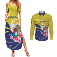 Curacao Flag Day Couples Matching Summer Maxi Dress and Long Sleeve Button Shirt Felis Dia di Bandera Pink Plumeria - Wonder Print Shop