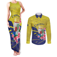Curacao Flag Day Couples Matching Tank Maxi Dress and Long Sleeve Button Shirt Felis Dia di Bandera Pink Plumeria - Wonder Print Shop